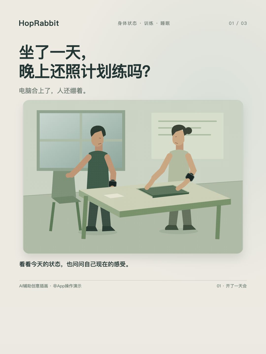 两名人物站在会议桌旁，桌上有合上的电脑，两人左腕戴暗屏矩形手表