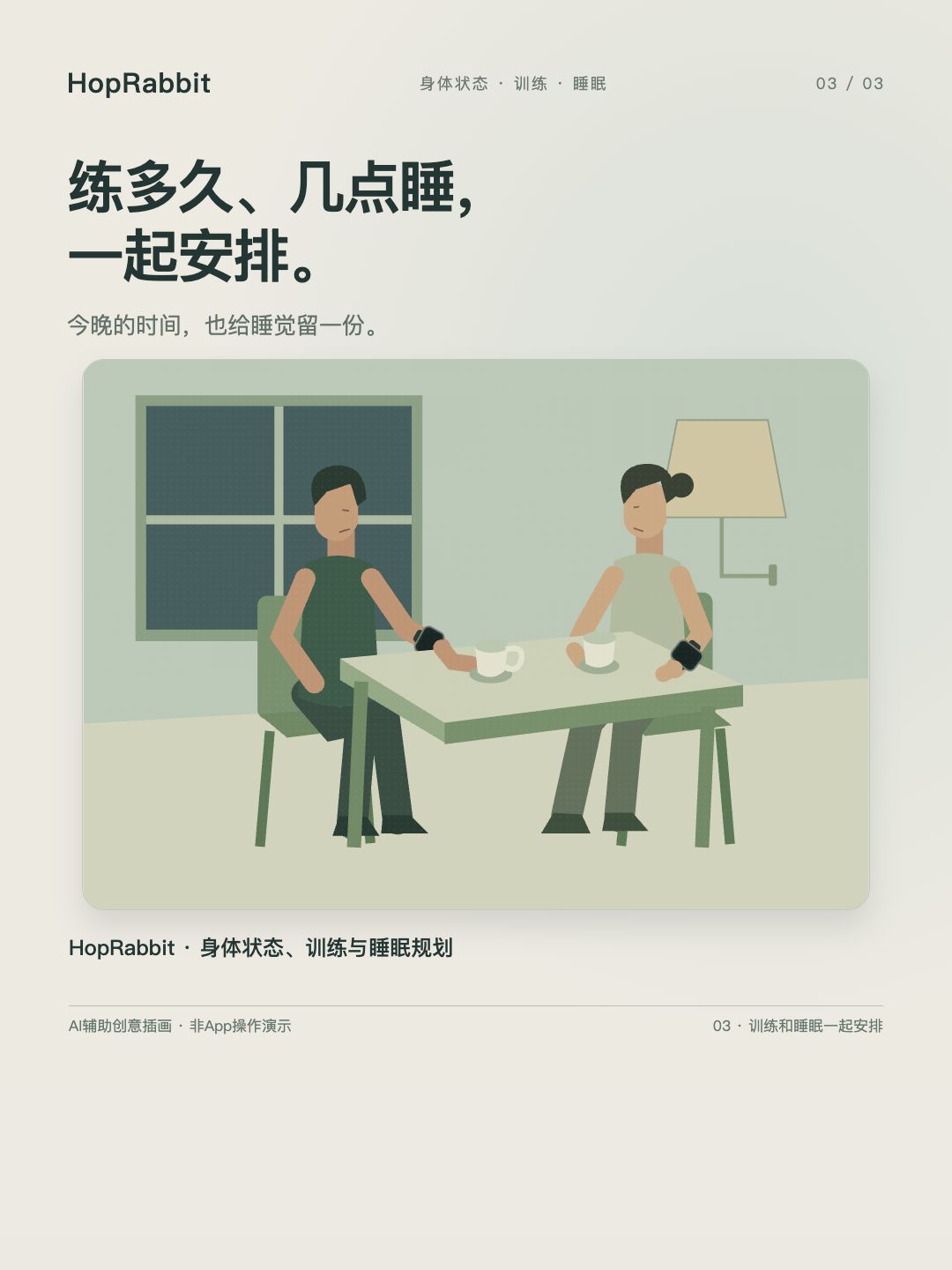 晚间，两人坐在家中餐桌旁商量安排，桌上有两个杯子，两人左腕戴暗屏矩形手表