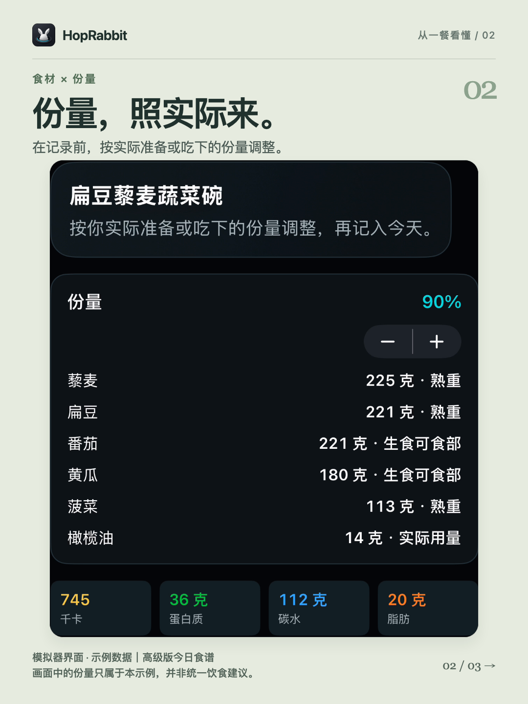 匿名示例确认页，90%份量及对应食材克数