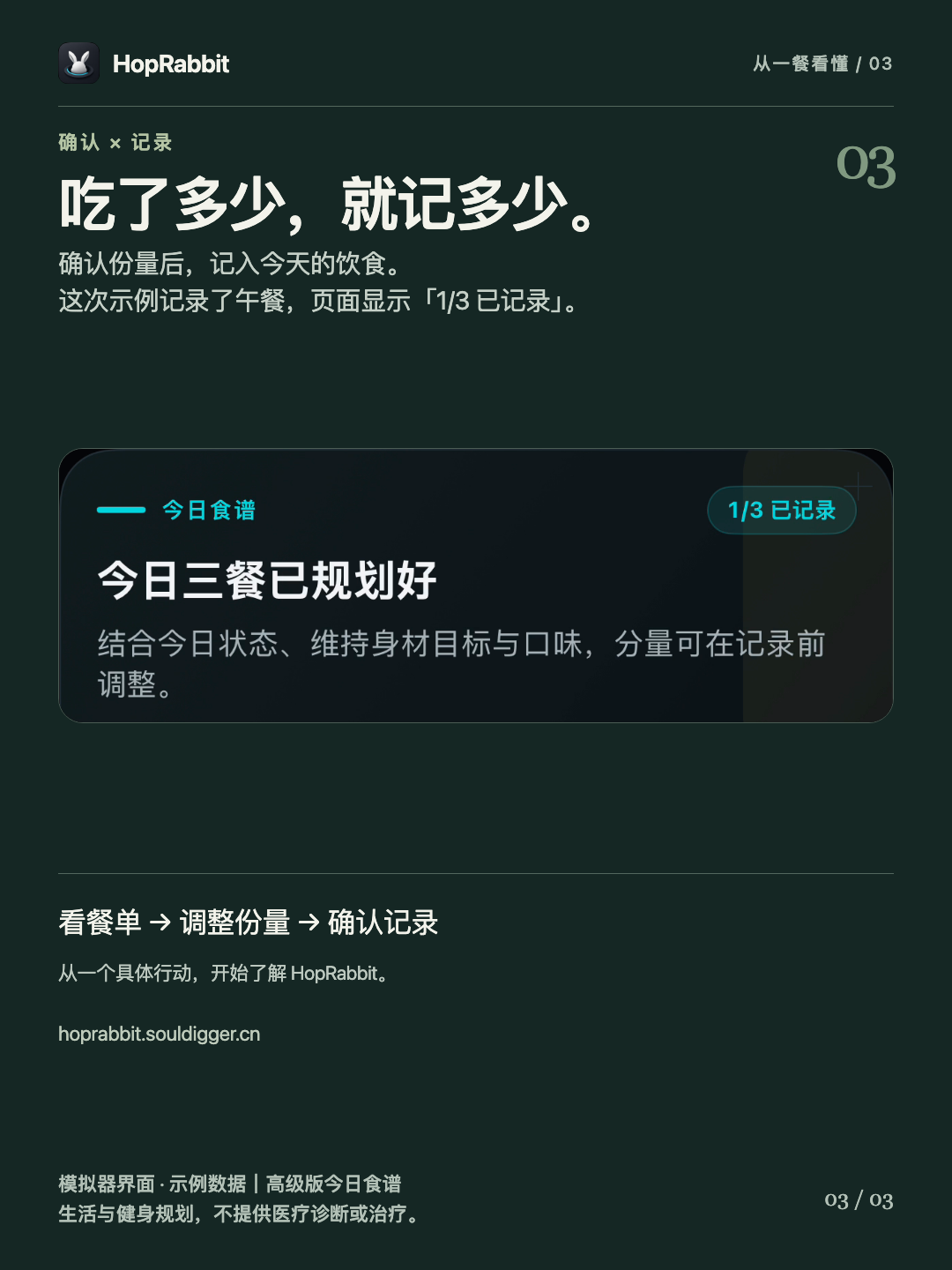 匿名示例记录结果，今日食谱显示1/3已记录