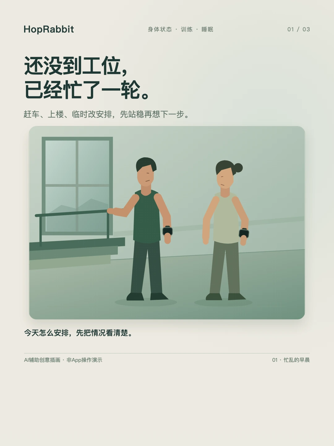 两名运动型男女在楼梯旁站定，男士右手扶着栏杆，两人左腕戴矩形手表