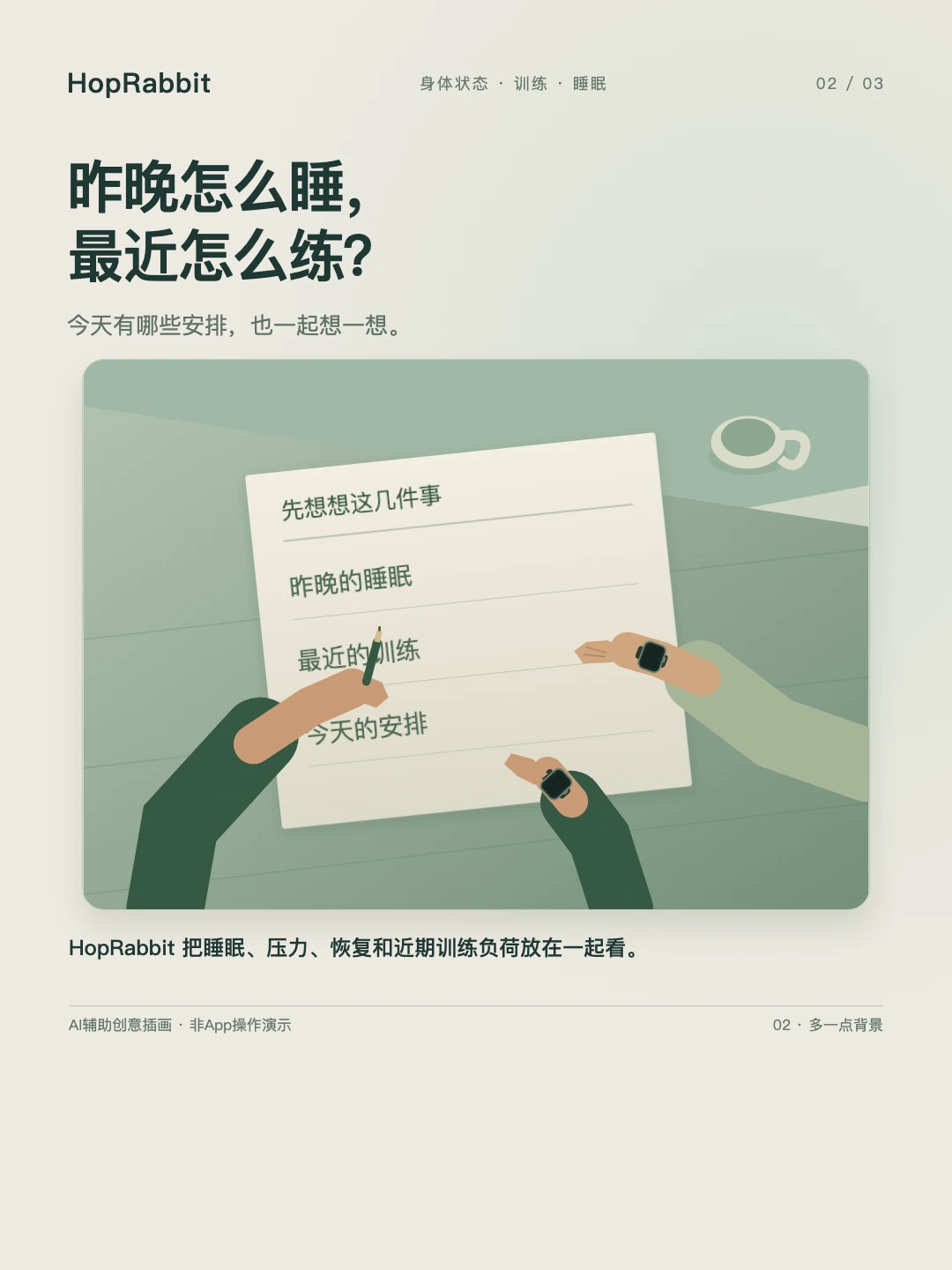 俯视两人的手和纸张，纸上列出昨晚的睡眠、最近的训练和今天的安排；纸张不是App界面