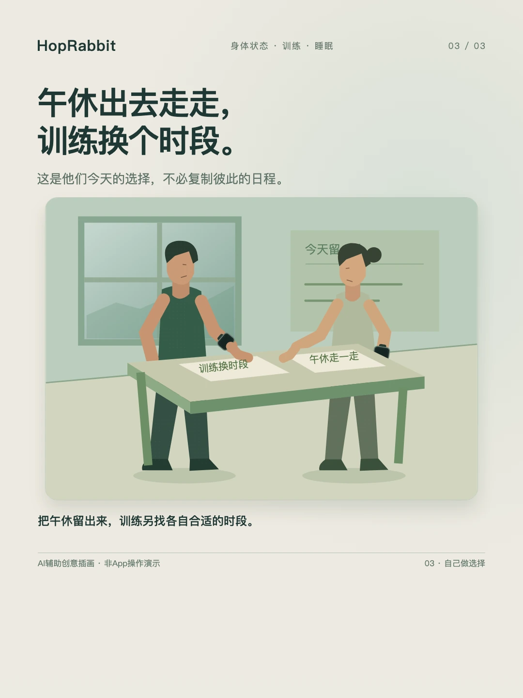 两人为今天留出午休走走的时间，并商量把原定训练换到合适时段