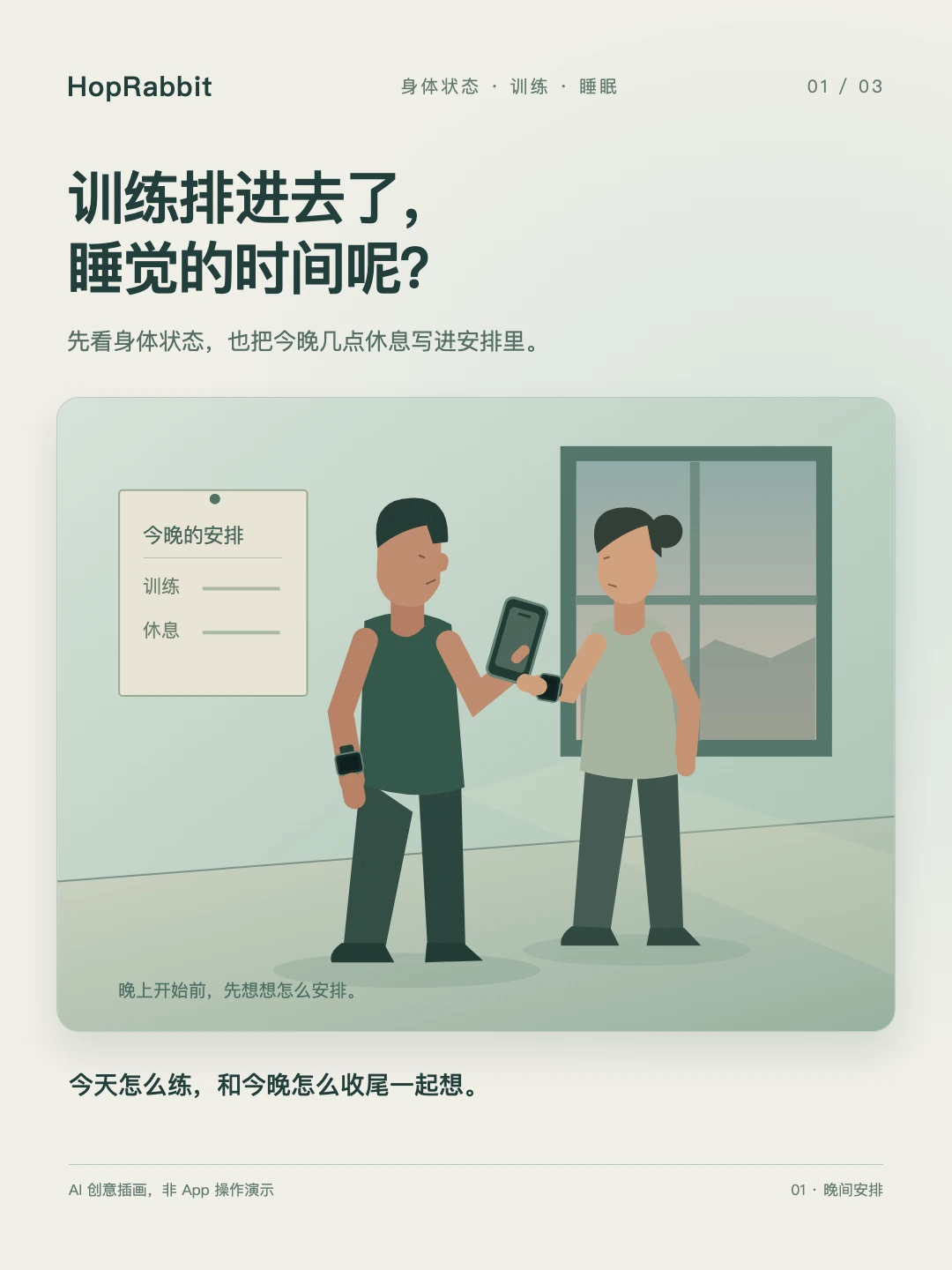 两人在家中查看身体状态并考虑今晚的训练和休息安排