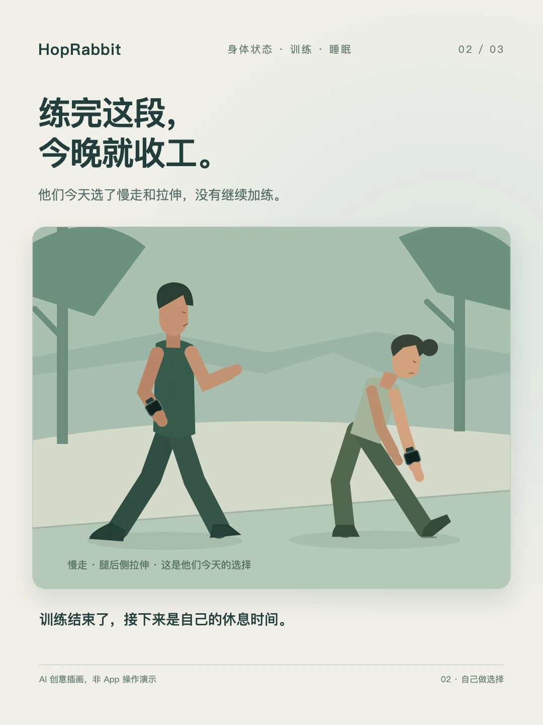 男士慢走，女士前伸一条腿做腿后侧拉伸，两人没有拿手机