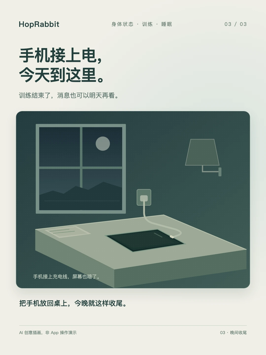 夜间房间里，暗屏手机平放桌面，充电线连接手机与墙面插座，壁灯未亮